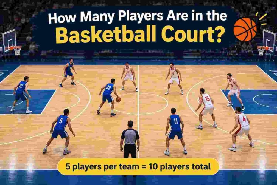How many players are in the basketball court showing two teams with five players each